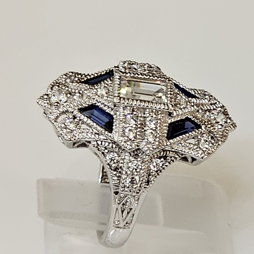 Beautiful Blue Sapphire & White Diamond Simulant Sterling Silver Ring Sz 6! - Picture 5 of 12